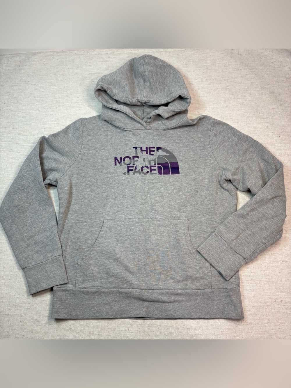 The North Face women S Gray long sleeve pullover Hoodie sweatshirt Purple Logo